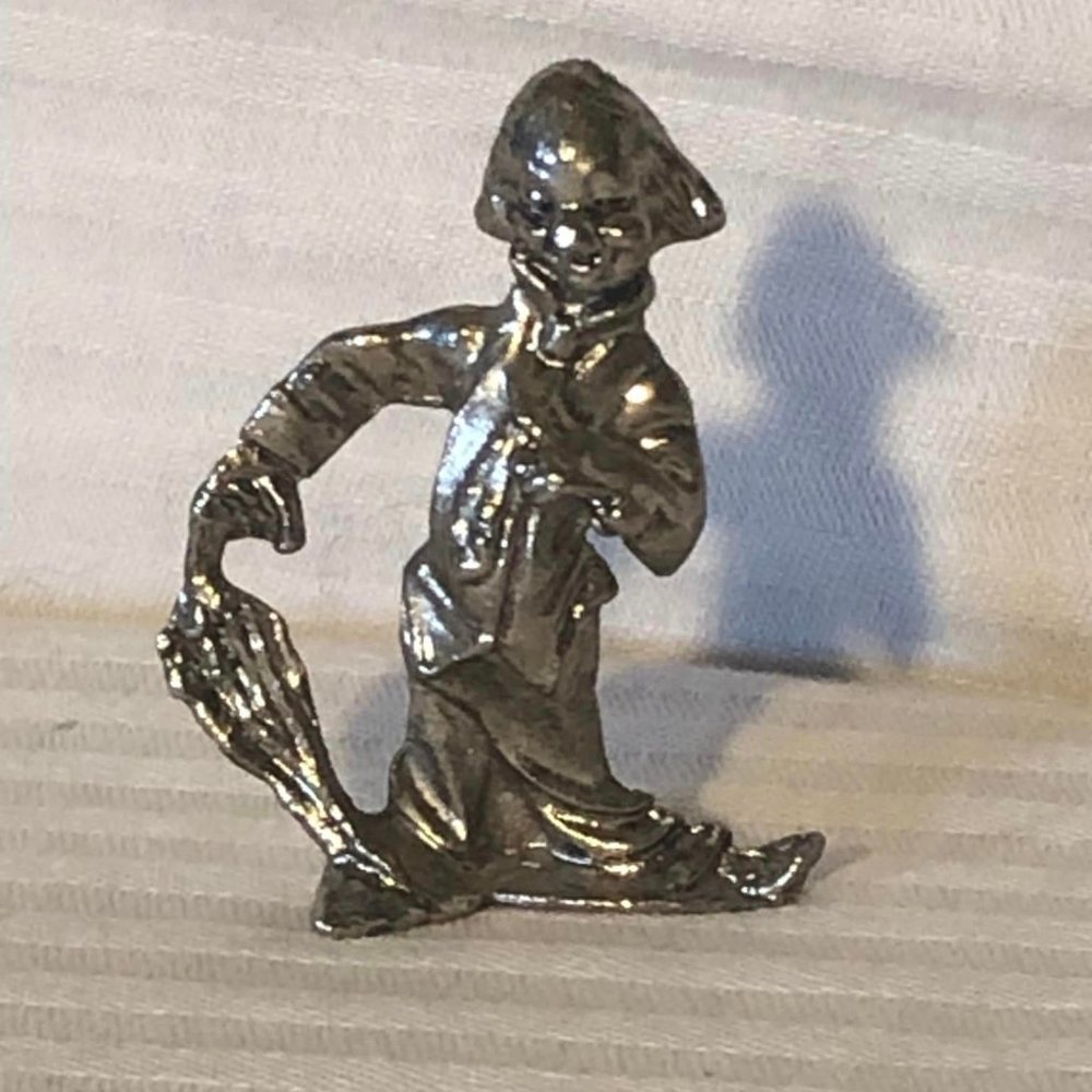 Vintage Small Pewter Clown W/ Hobo Clothes Holding Umbrella